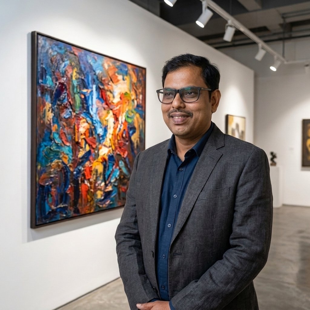 Artist Elango in front of abstract gallery painting